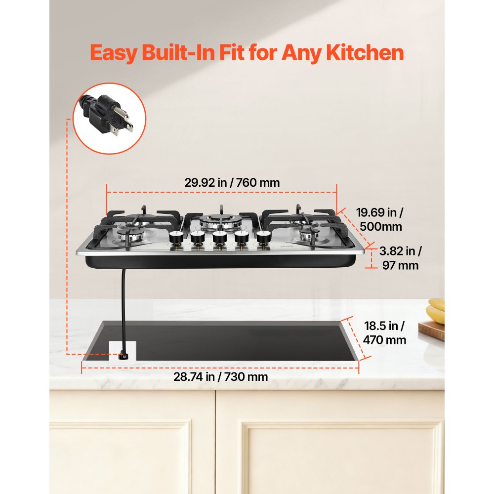 VEVOR 30-inch Gas Cooktop, 5 Burners Built-in Gas Stove Top, Max 12250BTU NG/LPG Convertible Stainless Steel Natural