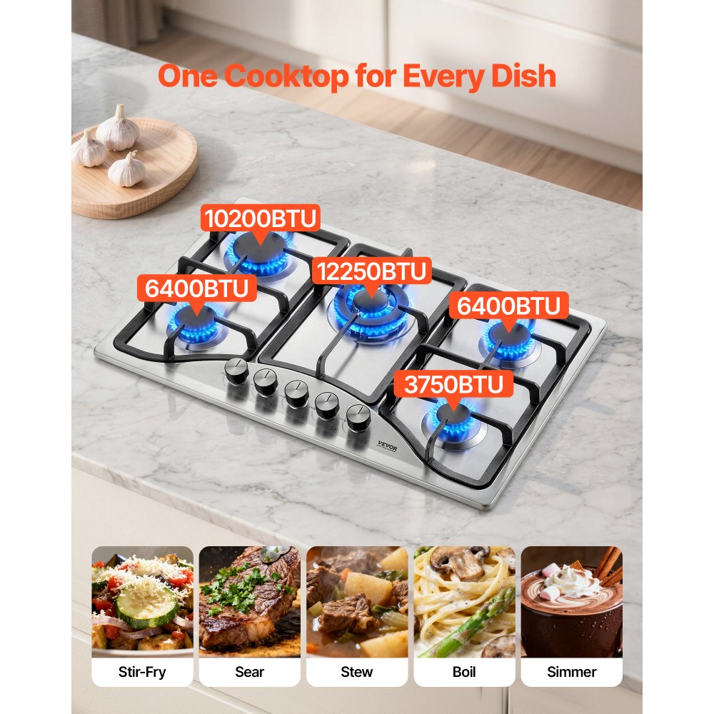 VEVOR 30-inch Gas Cooktop, 5 Burners Built-in Gas Stove Top, Max 12250BTU NG/LPG Convertible Stainless Steel Natural