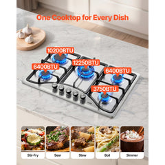 VEVOR 30-inch Gas Cooktop, 5 Burners Built-in Gas Stove Top, Max 12250BTU NG/LPG Convertible Stainless Steel Natural