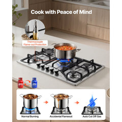VEVOR 30-inch Gas Cooktop, 5 Burners Built-in Gas Stove Top, Max 12250BTU NG/LPG Convertible Stainless Steel Natural