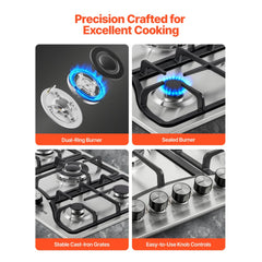 VEVOR 30-inch Gas Cooktop, 5 Burners Built-in Gas Stove Top, Max 12250BTU NG/LPG Convertible Stainless Steel Natural