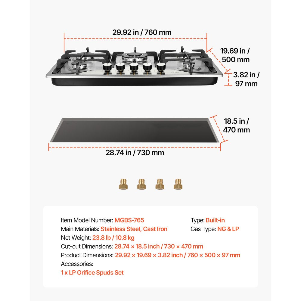 VEVOR 30-inch Gas Cooktop, 5 Burners Built-in Gas Stove Top, Max 12250BTU NG/LPG Convertible Stainless Steel Natural
