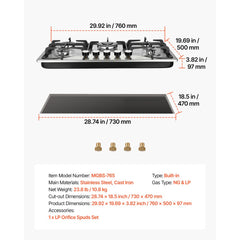 VEVOR 30-inch Gas Cooktop, 5 Burners Built-in Gas Stove Top, Max 12250BTU NG/LPG Convertible Stainless Steel Natural
