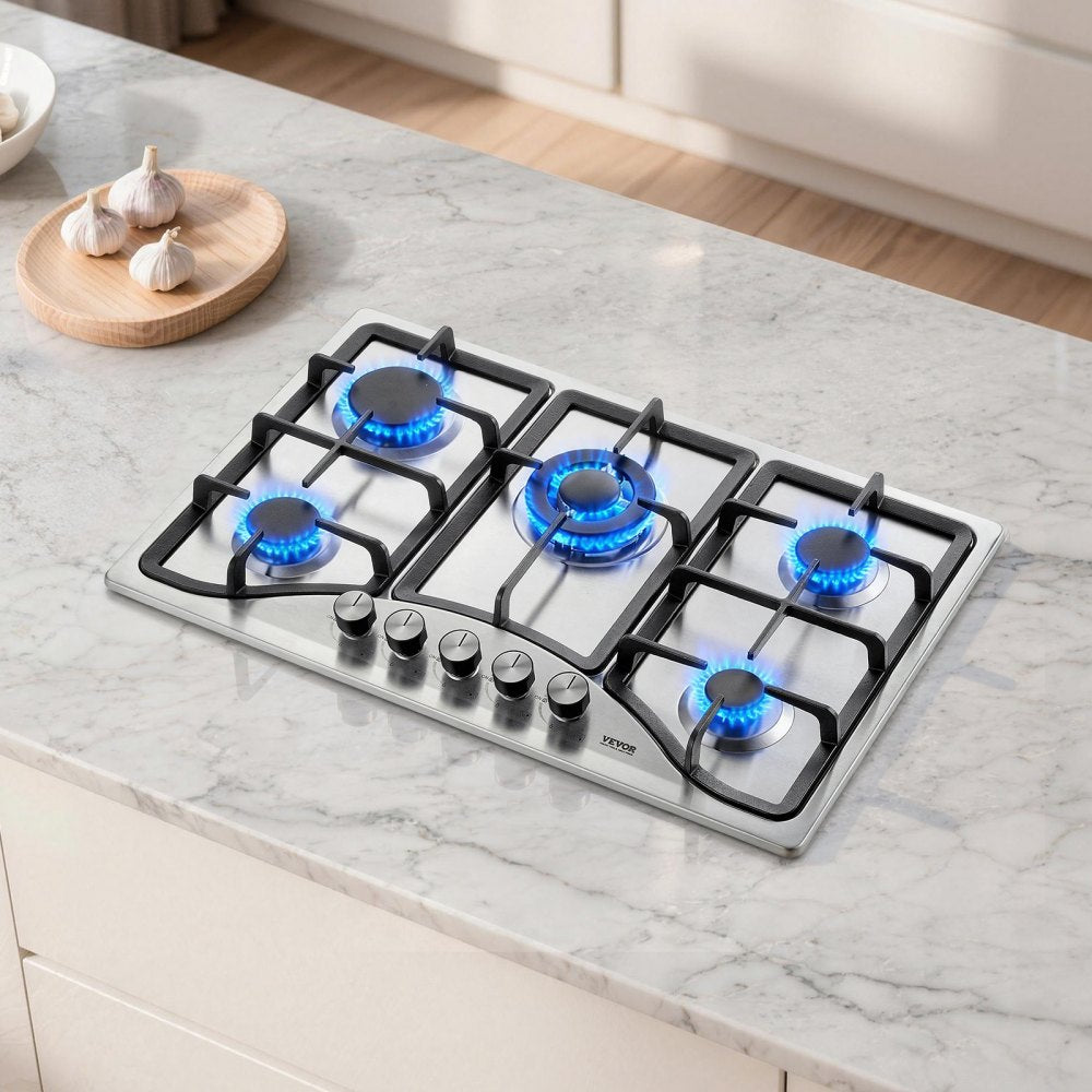 VEVOR 30-inch Gas Cooktop, 5 Burners Built-in Gas Stove Top, Max 12250BTU NG/LPG Convertible Stainless Steel Natural