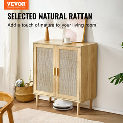 VEVOR Rattan Cabinet, Rattan Storage Cabinet with 2 Magnetic Doors and Adjustable Shelves, Sideboard Buffet Cabinet for
