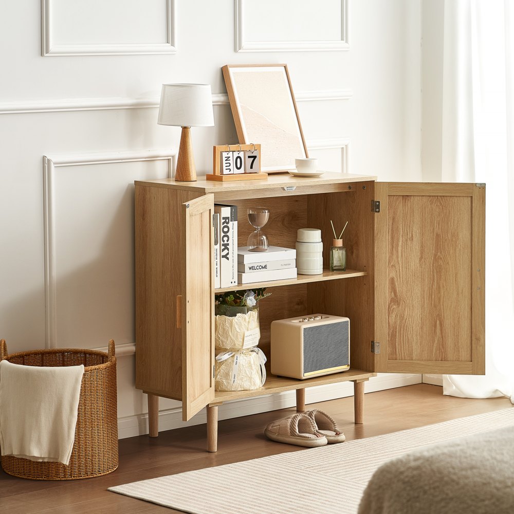 VEVOR Rattan Cabinet, Rattan Storage Cabinet with 2 Magnetic Doors and Adjustable Shelves, Sideboard Buffet Cabinet for