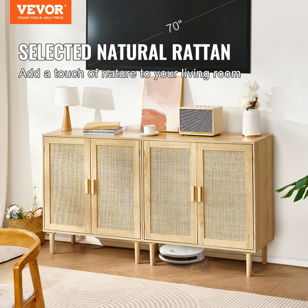 VEVOR Rattan Cabinet, Set of 2, Rattan Storage Cabinet with 4 Magnetic Doors and Adjustable Shelves, Sideboard Buffet