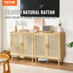 VEVOR Rattan Cabinet, Set of 2, Rattan Storage Cabinet with 4 Magnetic Doors and Adjustable Shelves, Sideboard Buffet