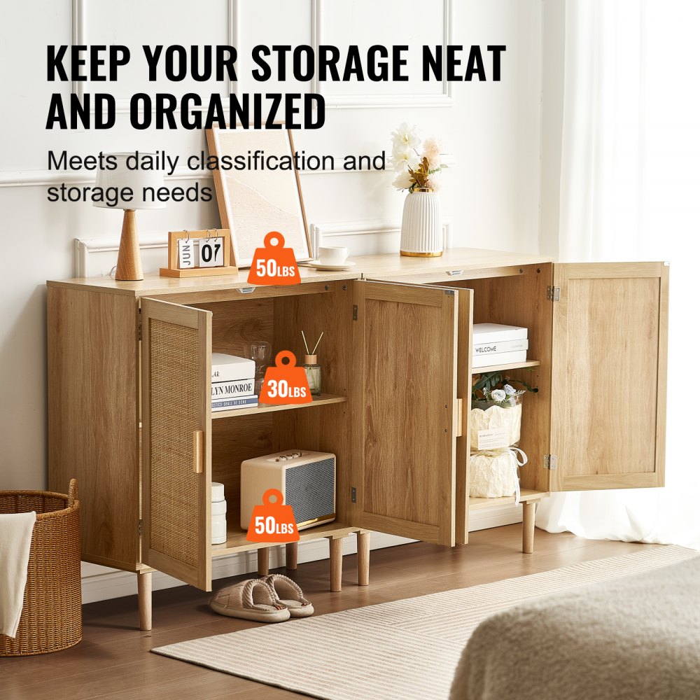 VEVOR Rattan Cabinet, Set of 2, Rattan Storage Cabinet with 4 Magnetic Doors and Adjustable Shelves, Sideboard Buffet