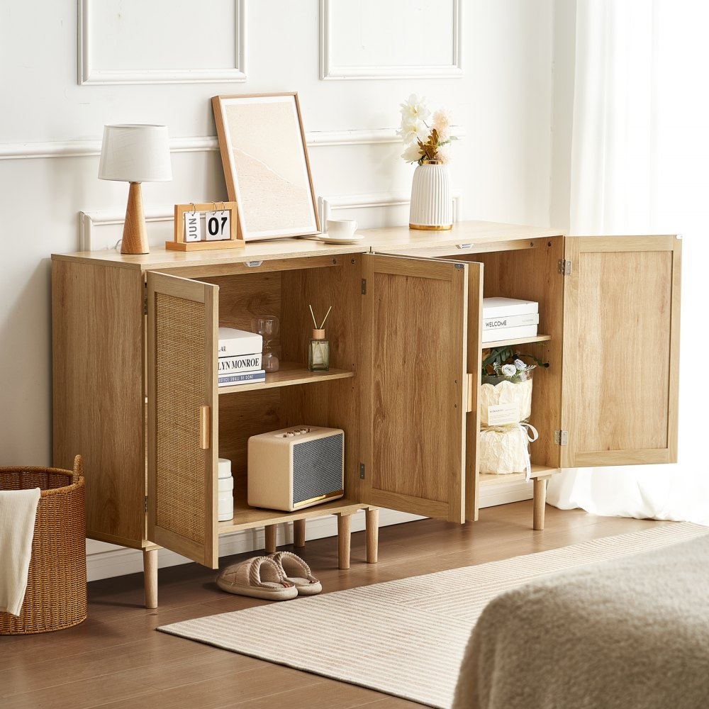 VEVOR Rattan Cabinet, Set of 2, Rattan Storage Cabinet with 4 Magnetic Doors and Adjustable Shelves, Sideboard Buffet