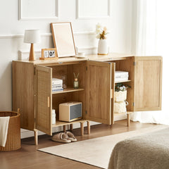 VEVOR Rattan Cabinet, Set of 2, Rattan Storage Cabinet with 4 Magnetic Doors and Adjustable Shelves, Sideboard Buffet