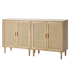 VEVOR Rattan Cabinet, Set of 2, Rattan Storage Cabinet with 4 Magnetic Doors and Adjustable Shelves, Sideboard Buffet
