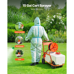 VEVOR Battery Powered Lawn Sprayer on Wheel, 0-90 PSI Adjustable Pressure, 15 Gallon Tank, Cart Sprayer with 8 Nozzles