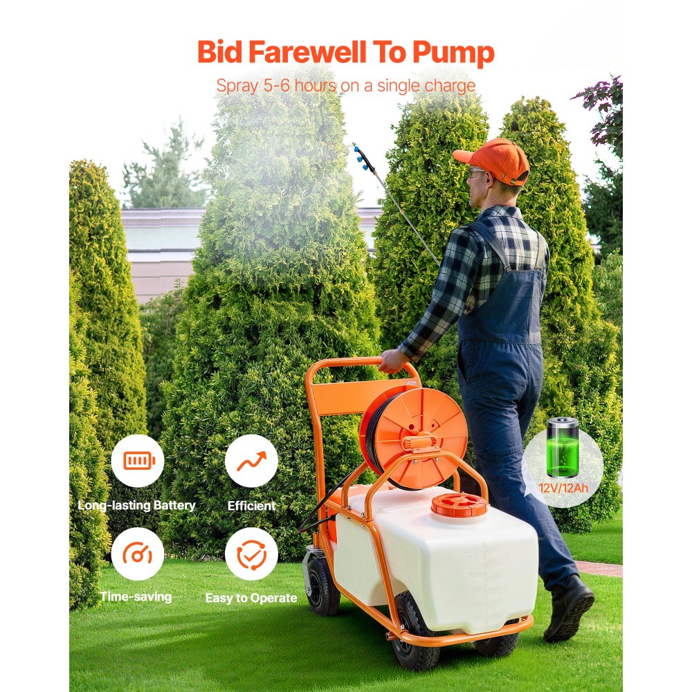 VEVOR Battery Powered Lawn Sprayer on Wheel, 0-90 PSI Adjustable Pressure, 15 Gallon Tank, Cart Sprayer with 8 Nozzles