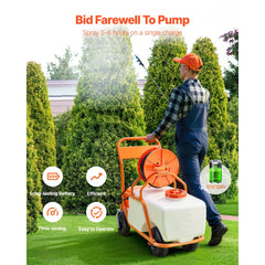 VEVOR Battery Powered Lawn Sprayer on Wheel, 0-90 PSI Adjustable Pressure, 15 Gallon Tank, Cart Sprayer with 8 Nozzles