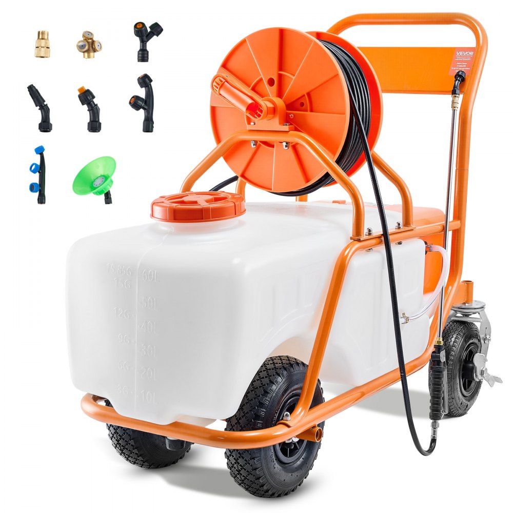 VEVOR Battery Powered Lawn Sprayer on Wheel, 0-90 PSI Adjustable Pressure, 15 Gallon Tank, Cart Sprayer with 8 Nozzles