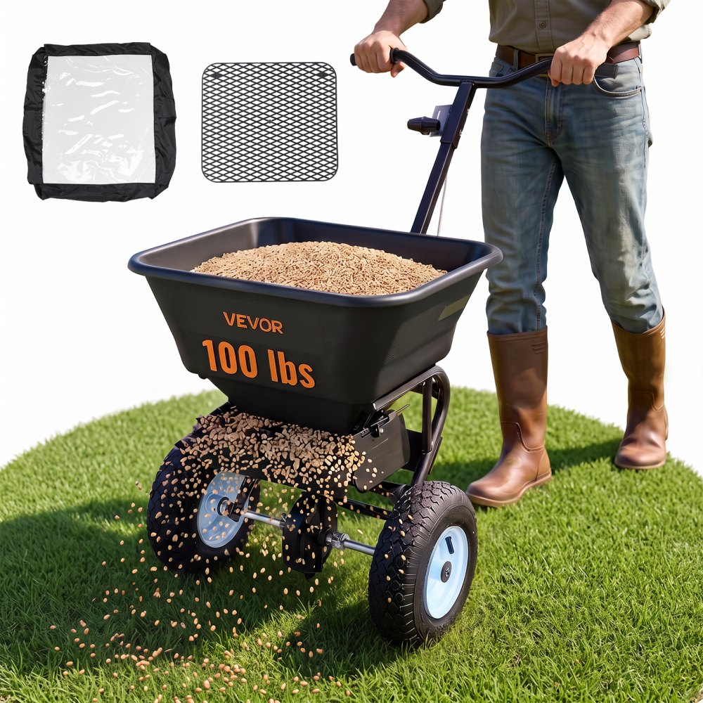VEVOR Lawn Spreader, 100LBS Capacity, Walk-Behind Push Spreader, 0-9.8ft Spreading Width, 13 in All Terrain Pneumatic