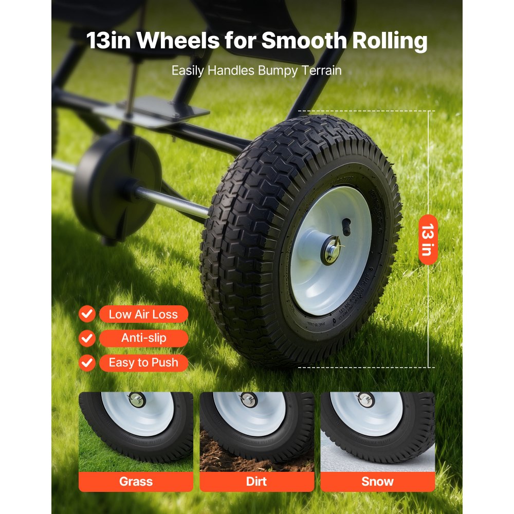 VEVOR Walk-Behind Spreader, 12ft Spreading Width, Push Broadcast Spreader with 13" All-Terrain Tires, Adjustable Flow
