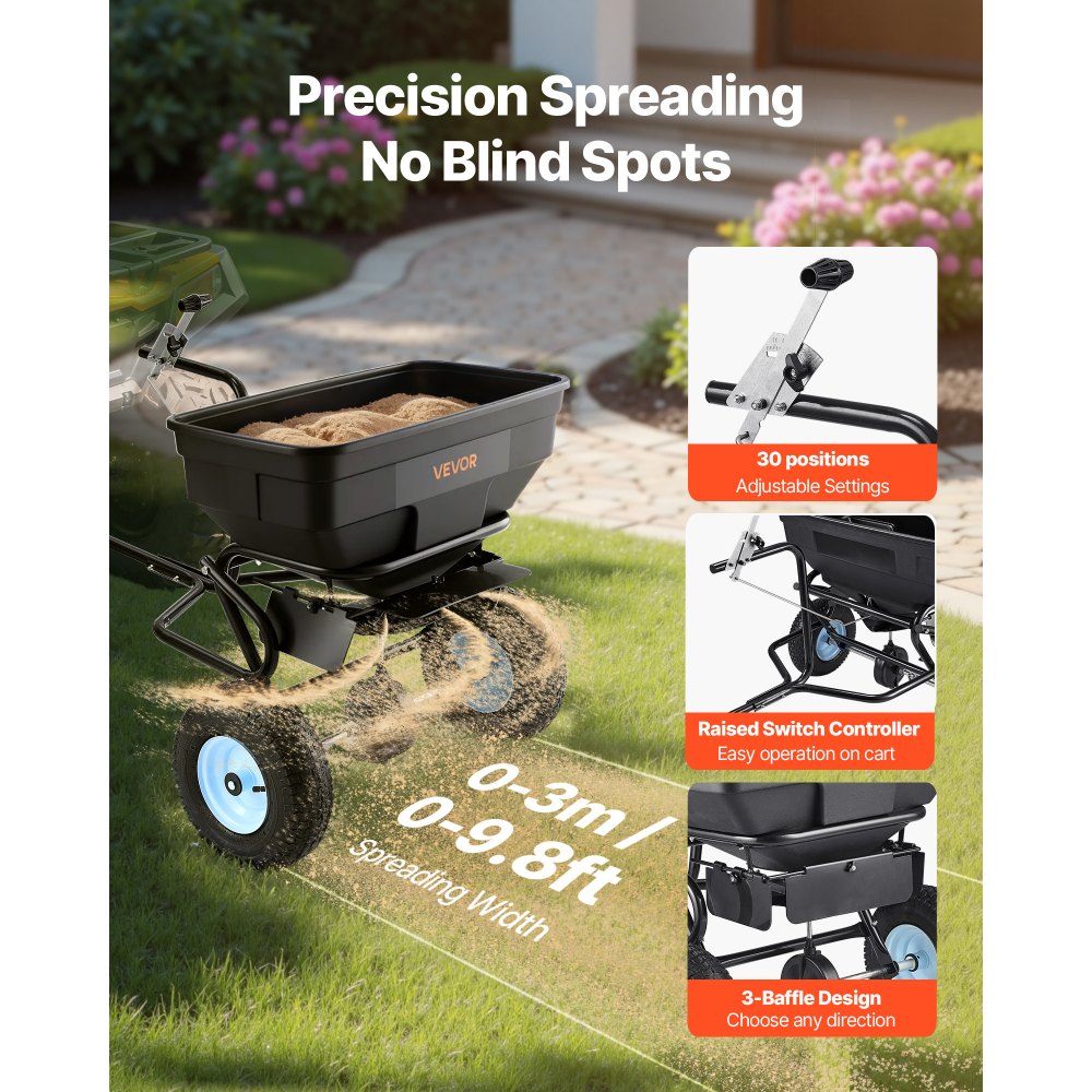 VEVOR Tow Behind Broadcast Spreader, 130LBS Capacity, Tow/Push Garden Spreader with 13 in Tires, 30 Adjustable Setting