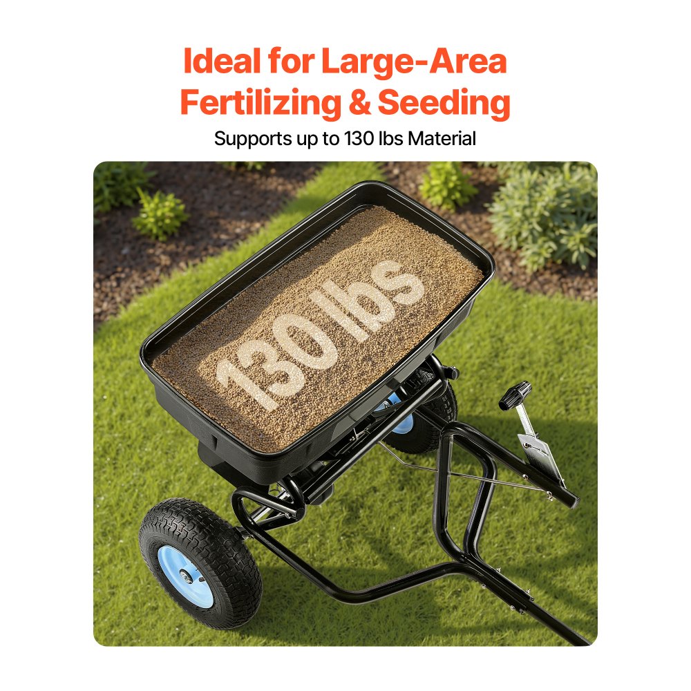 VEVOR Tow Behind Broadcast Spreader, 130LBS Capacity, Tow/Push Garden Spreader with 13 in Tires, 30 Adjustable Setting