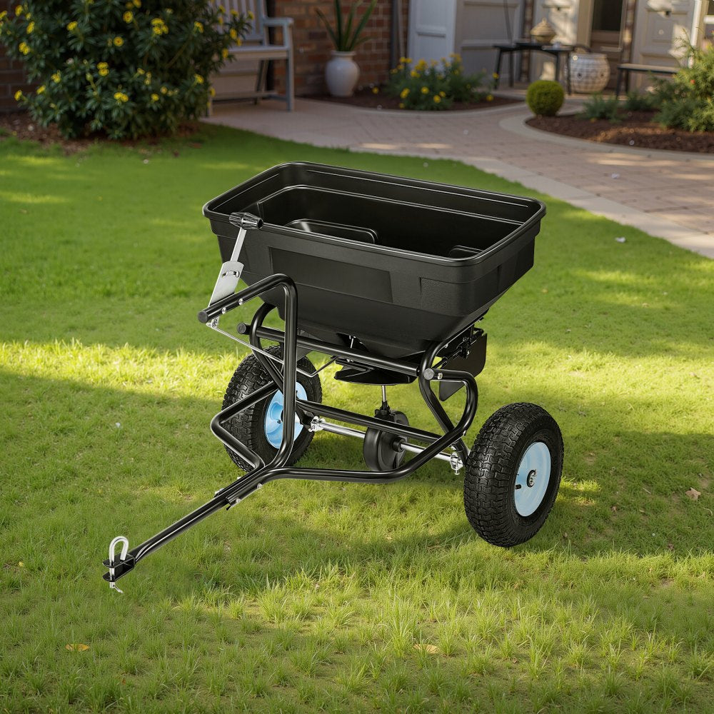 VEVOR Tow Behind Broadcast Spreader, 130LBS Capacity, Tow/Push Garden Spreader with 13 in Tires, 30 Adjustable Setting