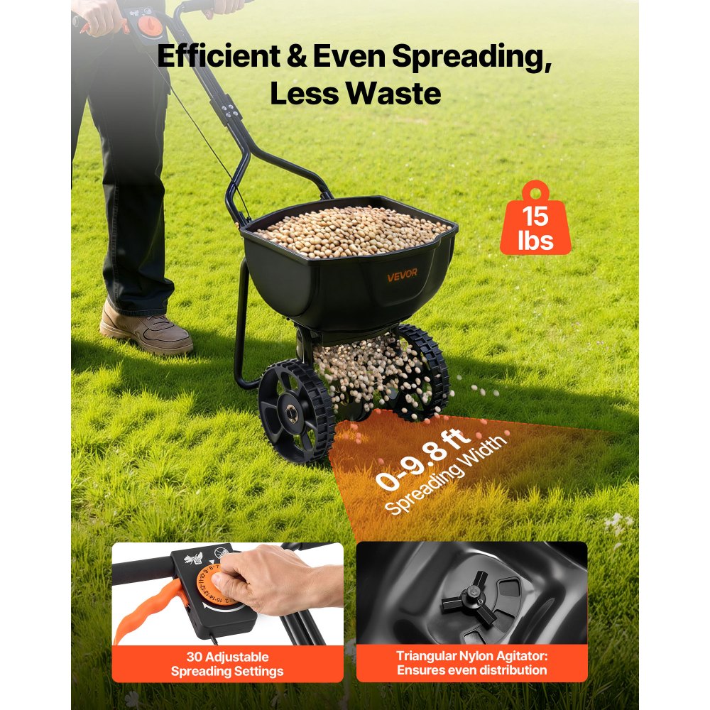 VEVOR Walk-Behind Spreader, 9.8ft Spreading Width, Push Broadcast Spreader with 10" All-Terrain Tires, Adjustable Flow