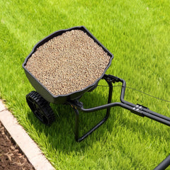 VEVOR Walk-Behind Spreader, 9.8ft Spreading Width, Push Broadcast Spreader with 10" All-Terrain Tires, Adjustable Flow