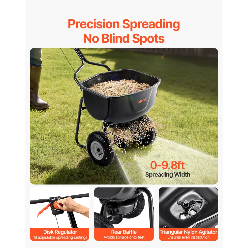 VEVOR Walk Behind Spreader, 60LBS Capacity, Push Spreader with Hopper Grate, 0-9.8 ft Spreading Width, 8 in All Terrain