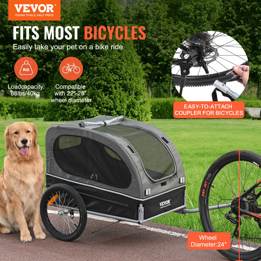 VEVOR Dog Bike Trailer, Supports up to 88 lbs, Pet Cart Bicycle Carrier, Easy Folding Frame with Quick Release Wheels