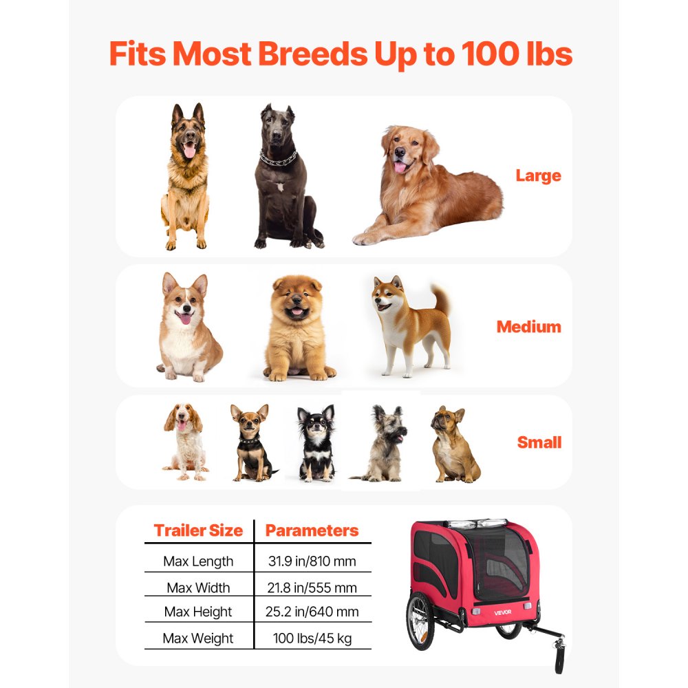 VEVOR Dog Bike Trailer, Supports up to 100 lbs, Pet Cart Bicycle Carrier for Small & Large Dogs, Easy Folding Frame
