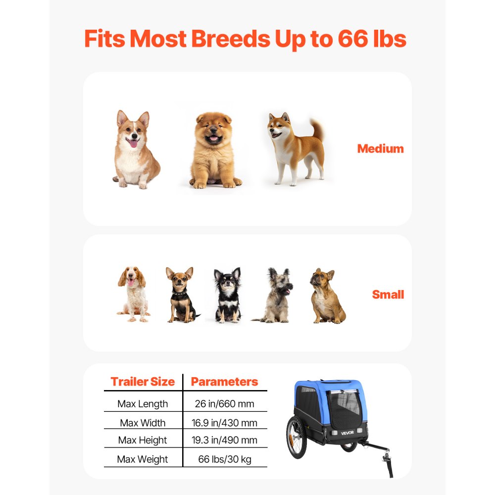 VEVOR Dog Bike Trailer, Supports up to 66 lbs, Pet Cart Bicycle Carrier for Small & Medium Dogs, Easy Folding Frame