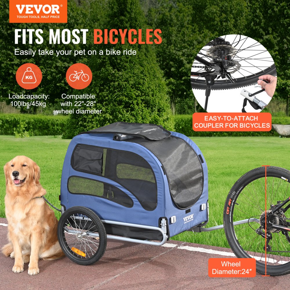 VEVOR Dog Bike Trailer, Supports up to 100 lbs, Pet Cart Bicycle Carrier, Easy Folding Frame with Quick Release Wheels