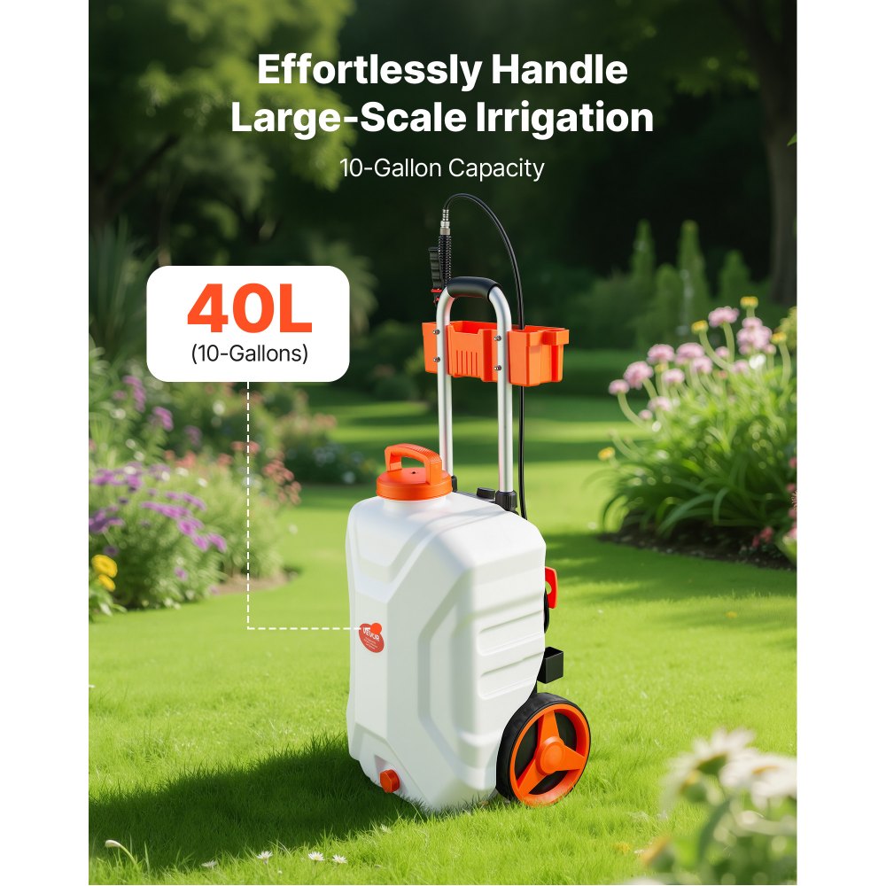 VEVOR Battery-Powered Sprayer with Wheeled Cart, 10 Gallons Electric Weed Sprayer, Adjustable 0-80 PSI, Yard Lawn