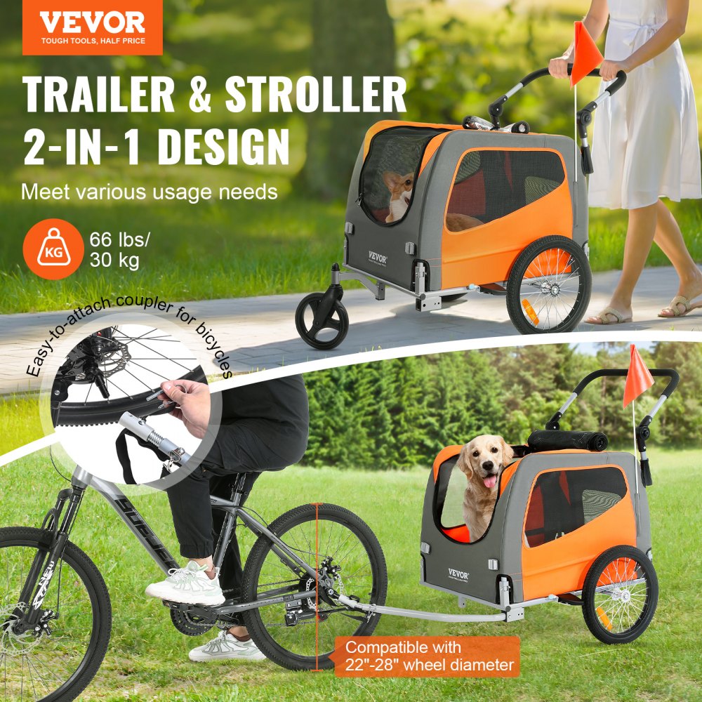 VEVOR Dog Bike Trailer, Supports up to 66 lbs, 2-in-1 Pet Stroller Cart Bicycle Carrier, Easy Folding Cart Frame with