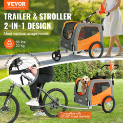 VEVOR Dog Bike Trailer, Supports up to 66 lbs, 2-in-1 Pet Stroller Cart Bicycle Carrier, Easy Folding Cart Frame with