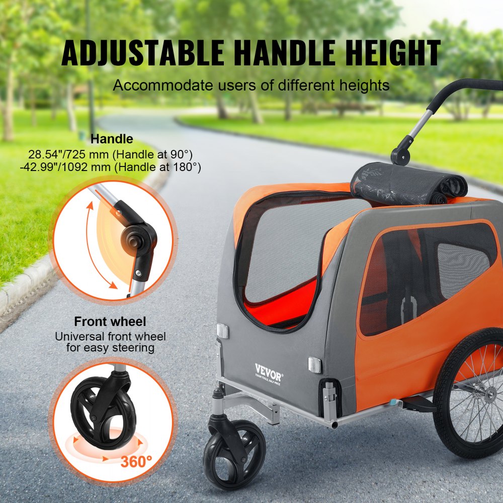VEVOR Dog Bike Trailer, Supports up to 66 lbs, 2-in-1 Pet Stroller Cart Bicycle Carrier, Easy Folding Cart Frame with