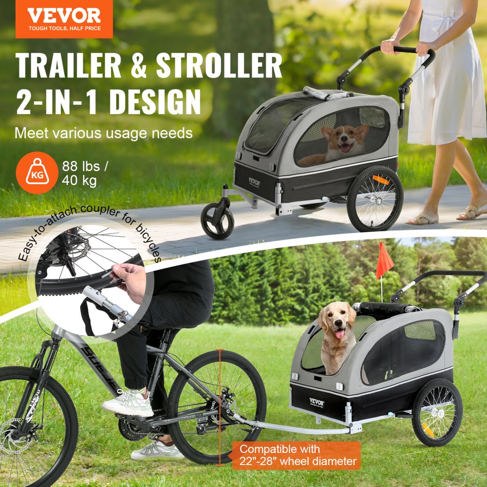 VEVOR Dog Bike Trailer, Supports up to 88 lbs, 2-in-1 Pet Stroller Cart Bicycle Carrier, Easy Folding Cart Frame with
