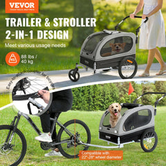 VEVOR Dog Bike Trailer, Supports up to 88 lbs, 2-in-1 Pet Stroller Cart Bicycle Carrier, Easy Folding Cart Frame with
