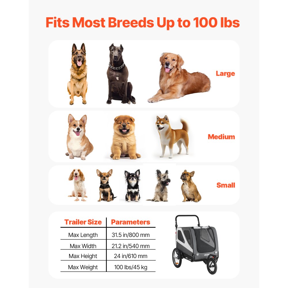 VEVOR Dog Bike Trailer, Supports up to 100 lbs, 2-in-1 Pet Stroller Cart Bicycle Carrier for Small & Large Dogs, Easy