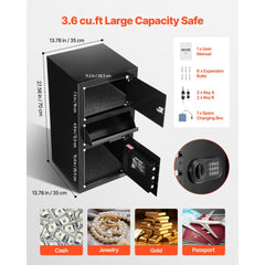 VEVOR 3.6 Cubic Feet Drop Safe, Large Capacity Front Drop Slot Safe Box with Digital Keypad, Heavy Duty 3 Tiers Cash