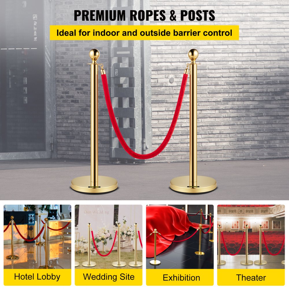 VEVOR Velvet Ropes and Posts, 5 ft/1.5 m Red Rope, Stainless Steel Gold Stanchion with Ball Top, Red Crowd Control
