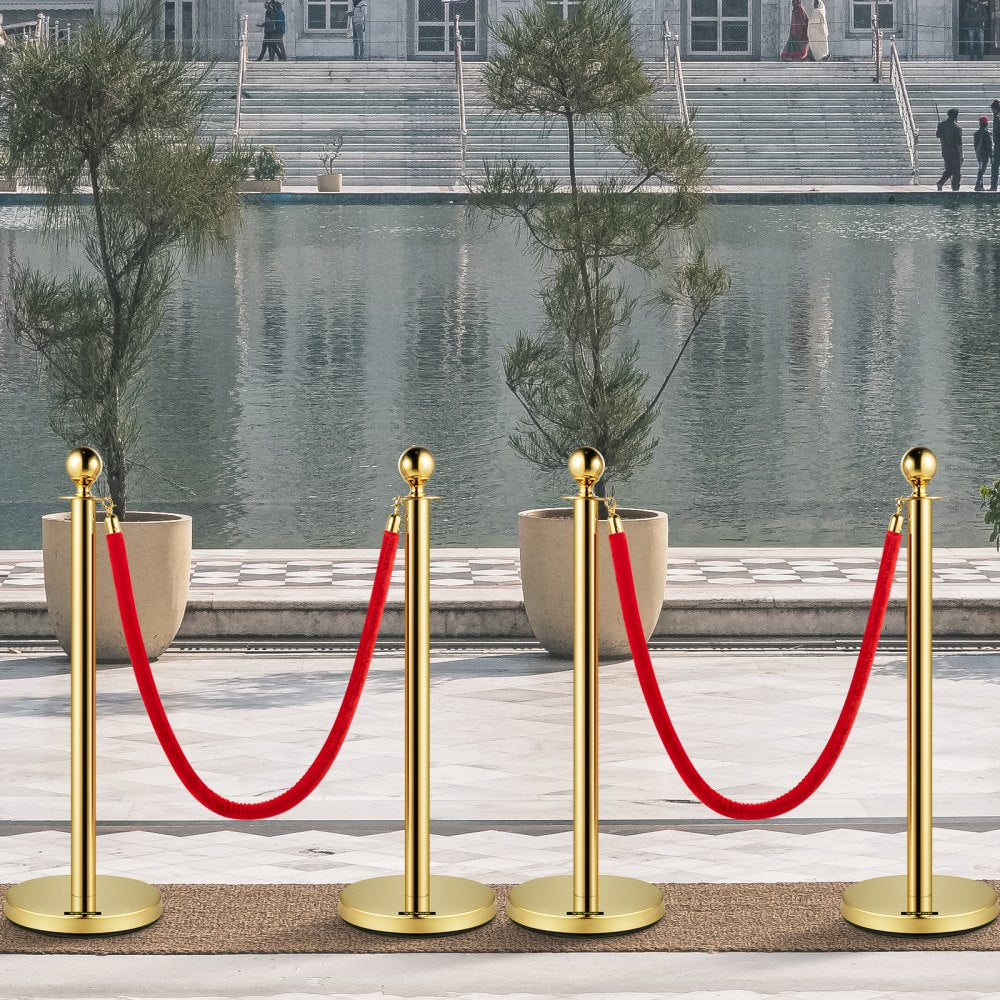 VEVOR Velvet Ropes and Posts, 5 ft/1.5 m Red Rope, Stainless Steel Gold Stanchion with Ball Top, Red Crowd Control
