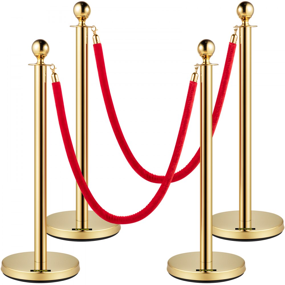 VEVOR Velvet Ropes and Posts, 5 ft/1.5 m Red Rope, Stainless Steel Gold Stanchion with Ball Top, Red Crowd Control