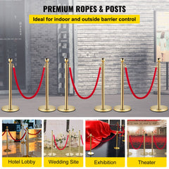 VEVOR Velvet Ropes and Posts, 5 ft/1.5 m Red Rope, Stainless Steel Gold Stanchion with Ball Top, Red Crowd Control