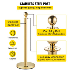 VEVOR Velvet Ropes and Posts, 5 ft/1.5 m Red Rope, Stainless Steel Gold Stanchion with Ball Top, Red Crowd Control