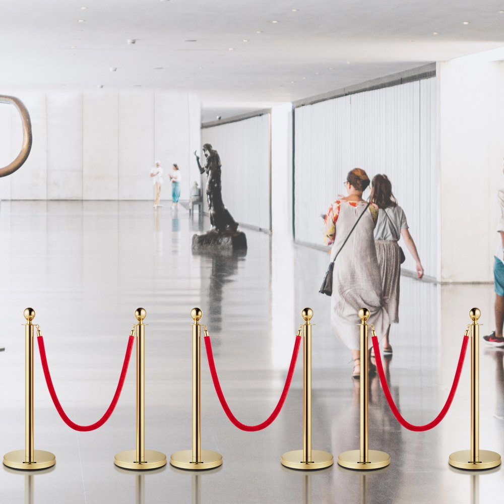 VEVOR Velvet Ropes and Posts, 5 ft/1.5 m Red Rope, Stainless Steel Gold Stanchion with Ball Top, Red Crowd Control