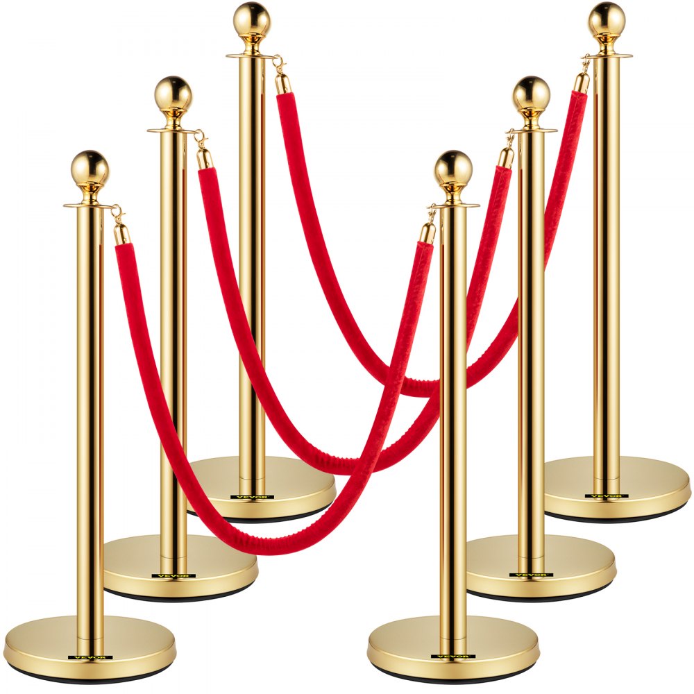 VEVOR Velvet Ropes and Posts, 5 ft/1.5 m Red Rope, Stainless Steel Gold Stanchion with Ball Top, Red Crowd Control