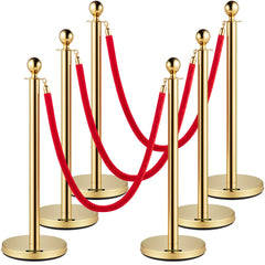 VEVOR Velvet Ropes and Posts, 5 ft/1.5 m Red Rope, Stainless Steel Gold Stanchion with Ball Top, Red Crowd Control