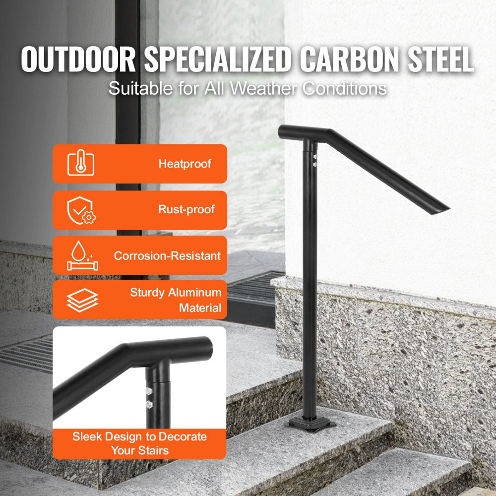 VEVOR 3Ft Step Railing, Iron Stair Handrail Floor Mounted Sturdy Black Arched Handrails for Outdoor Indoor Steps Fits 2