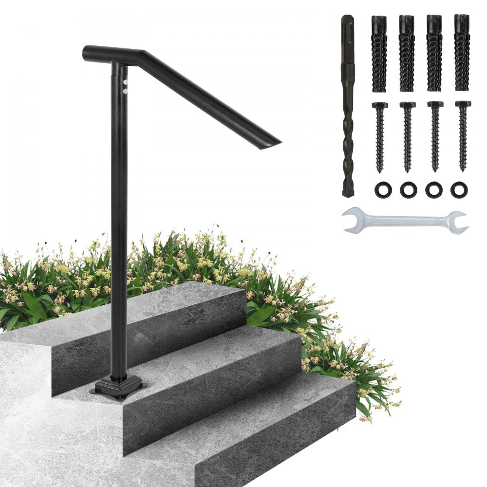 VEVOR 3Ft Step Railing, Iron Stair Handrail Floor Mounted Sturdy Black Arched Handrails for Outdoor Indoor Steps Fits 2